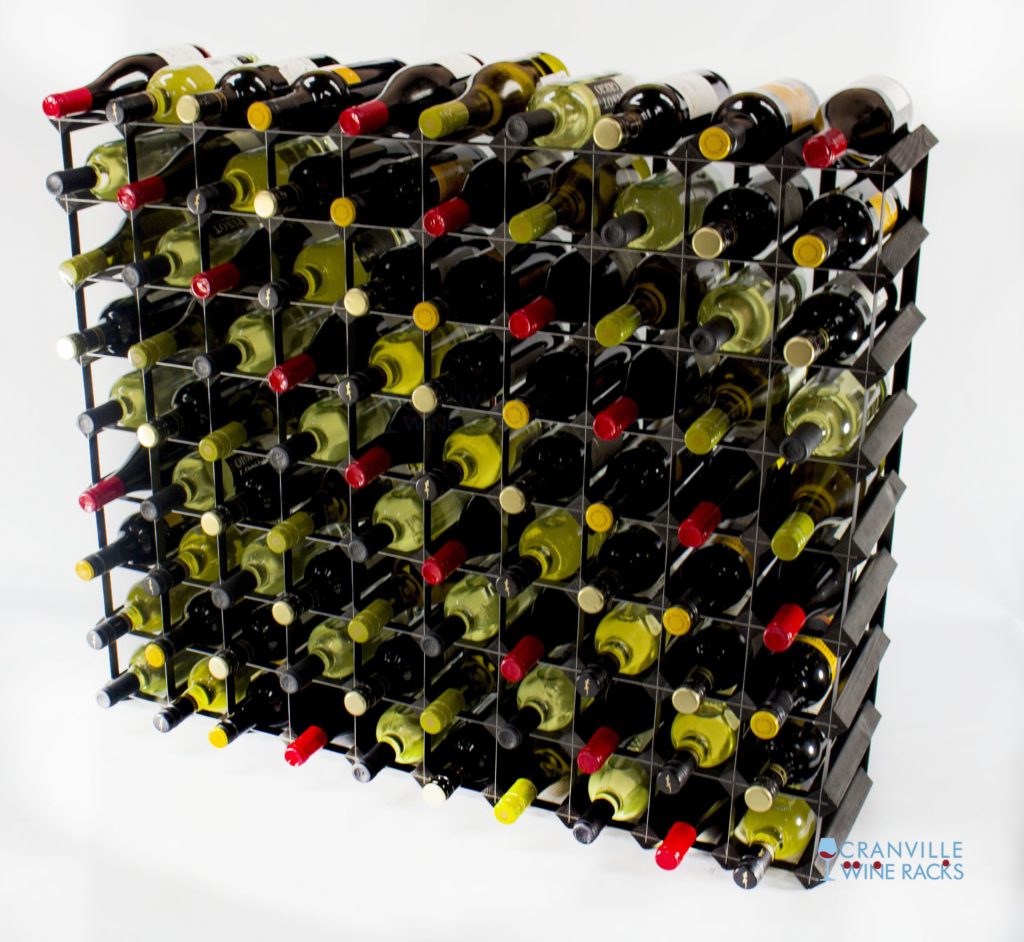 Classic 90 bottle black stained wood and black metal wine rack ready assembled by Cranville Wine Racks Ltd