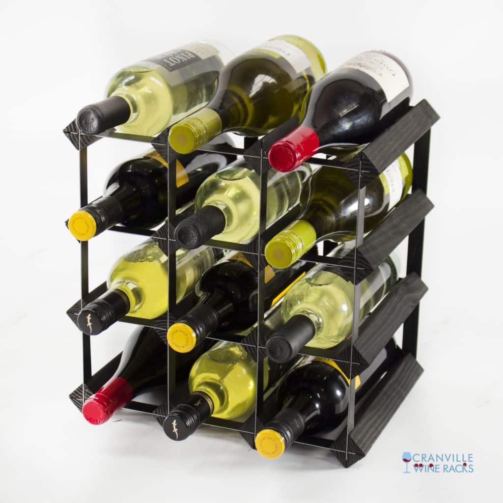 Classic 12 bottle black stained wood and black metal wine rack ready assembled by Cranville Wine Racks Ltd