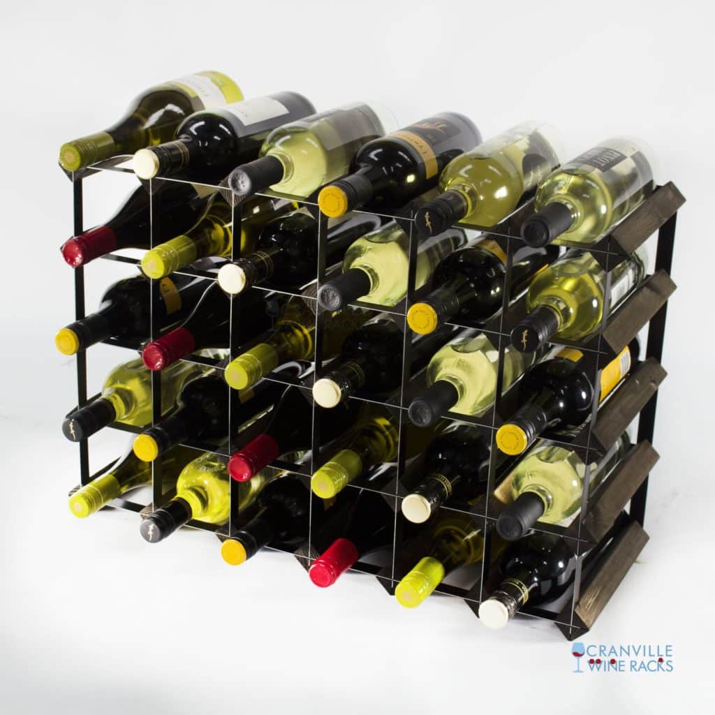 Classic 30 (6×4) bottle dark oak stained wood and black metal wine rack ready assembled by Cranville Wine Racks Ltd