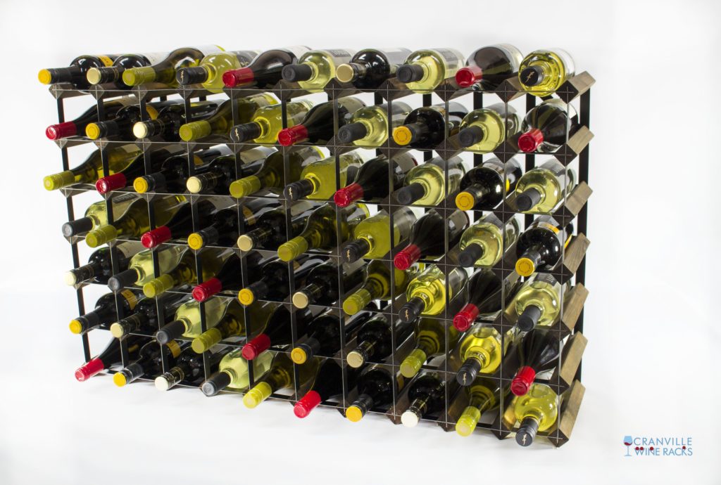 Classic 70 bottle walnut stained wood and black metal wine rack ready assembled by Cranville Wine Racks Ltd