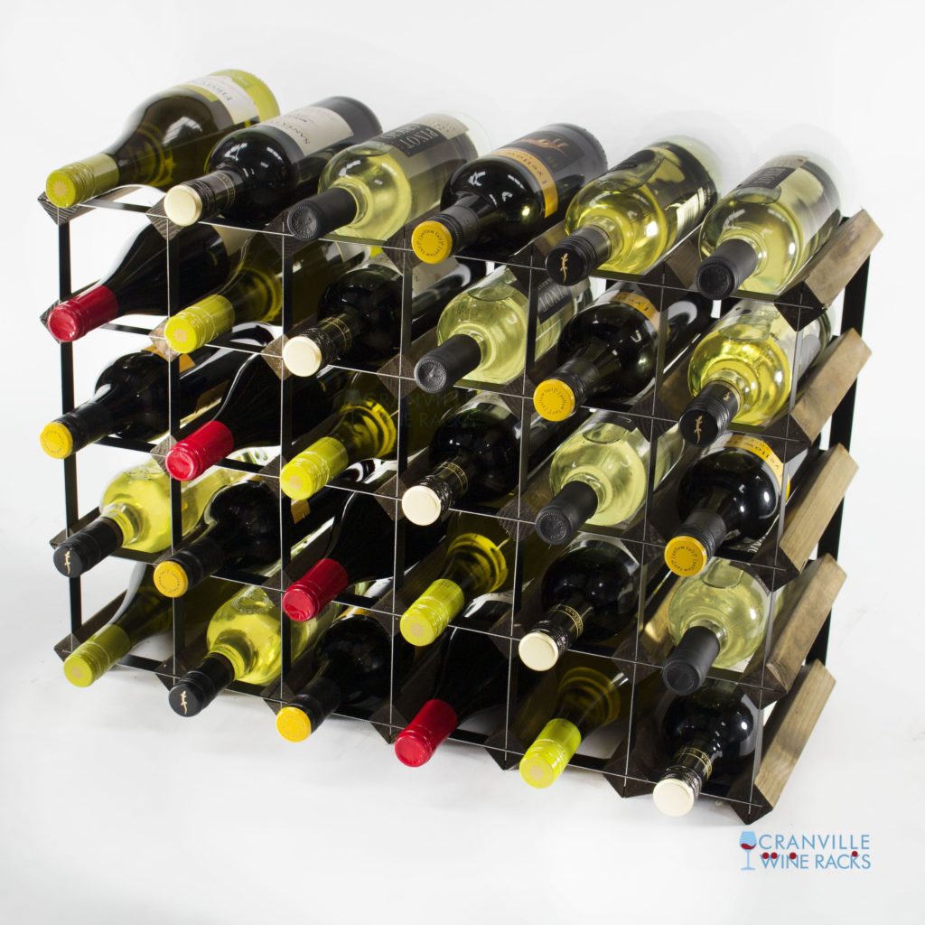 Classic 30 (6×4) bottle walnut stained wood and black metal wine rack ready assembled by Cranville Wine Racks Ltd